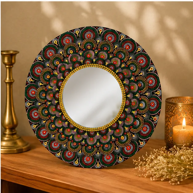 Black Peacock Mandala Mirror — handmade art by KIRA Collection